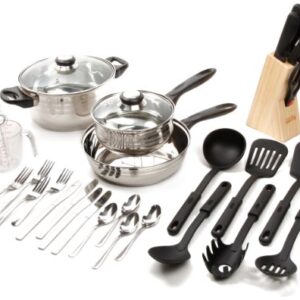 Gibson Home Back to Basics Stainless Steel Cookware Set, 32-Piece , Stainless Steel,Silver