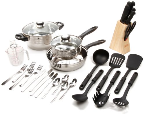 Gibson Home Back to Basics Stainless Steel Cookware Set, 32-Piece , Stainless Steel,Silver