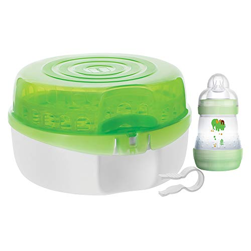 MAM Baby Bottle Sterilizer, Microwave Steam Baby Bottle Sterilizer with MAM 5-Ounce Anti-Colic Baby Bottle and Nipple Tong, 3-Pieces, Green