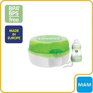 MAM Baby Bottle Sterilizer, Microwave Steam Baby Bottle Sterilizer with MAM 5-Ounce Anti-Colic Baby Bottle and Nipple Tong, 3-Pieces, Green