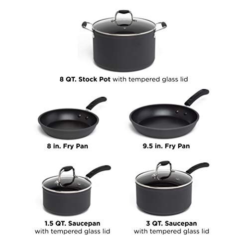 Ecolution Symphony Multipurpose Forged and Stainless Steel Pots and Pans 8 pc. Set, Reinforced Ergonomic Cool-Touch Handles, Dishwasher Safe, Fully Nonstick Interior, Slate,Grey