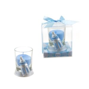 lunaura baby keepsake - set of 12 "boy" baby bottle glass votive candle set favors - blue