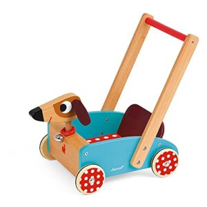 janod crazy doggy cart – adorable wooden push toy walker with storage – dog bell rings when the cart is pushed - encourages walking and discovery – ages 1+ years.