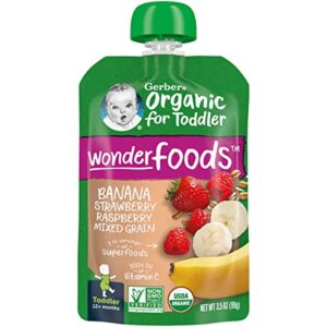 gerber organic baby food pouches, toddler, wonderfoods, banana red berries granola, 3.5 ounce