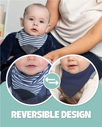 Cheeky Chompers Neckerchew Teething Bib (Preppy Stripes), 2-in-1 Bandana Style Dribble Bib w/Food Grade Silicone Teether, Baby & Toddler, Innovative Dimple Design Soothes Gums, 3-Layer Absorbent Bib