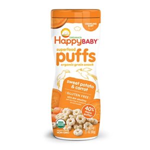 happy baby organic baby food superfood puffs sweet potato & carrot, 2.1 ounce organic baby or toddler snacks, crunchy fruit & veggie snack, choline to support brain & eye health