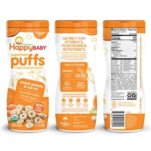 Happy Baby Organic Baby Food Superfood Puffs Sweet Potato & Carrot, 2.1 Ounce Organic Baby or Toddler Snacks, Crunchy Fruit & Veggie Snack, Choline to Support Brain & Eye Health