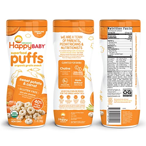 Happy Baby Organic Baby Food Superfood Puffs Sweet Potato & Carrot, 2.1 Ounce Organic Baby or Toddler Snacks, Crunchy Fruit & Veggie Snack, Choline to Support Brain & Eye Health