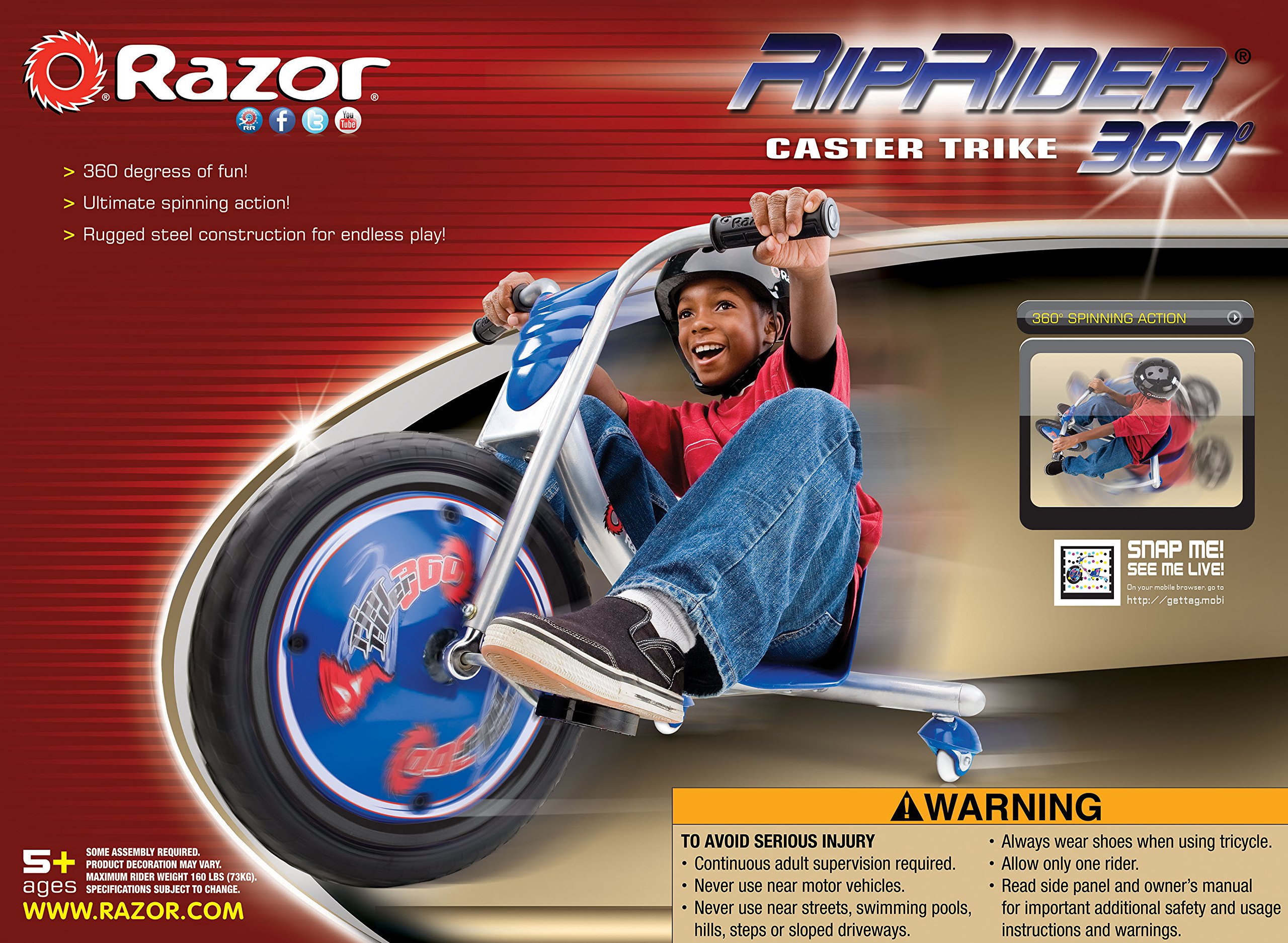 Razor RipRider 360 Caster Trike for Kids Ages 5+ - Lightweight, Rubber Handlebars, Steel Frame, for Riders up to 160 lbs