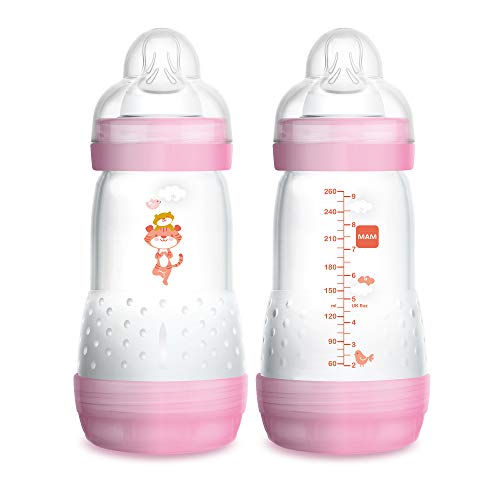 MAM Easy Start Anti-Colic Bottle, Baby Essentials, Medium Flow Bottles with Silicone Nipple, Baby Bottles for Baby Girl, Designs May Vary, 9oz (Pack of 2)