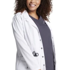 Dickies Women's Xtreme Stretch 28 Inch Snap Front Lab Coat, White, Small