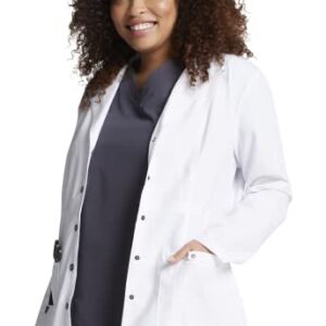 Dickies Women's Xtreme Stretch 28 Inch Snap Front Lab Coat, White, Small