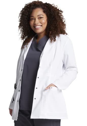 Dickies Women's Xtreme Stretch 28 Inch Snap Front Lab Coat, White, Small