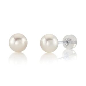 THE PEARL SOURCE Round White Freshwater Real Pearl Earrings for Women - 14k Gold Stud Earrings | Hypoallergenic Earrings with Genuine Cultured Pearls, 7.0-7.5mm