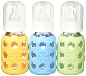 lifefactory glass baby bottle with silicone sleeve 4 ounce - 3 pack (green/ye...