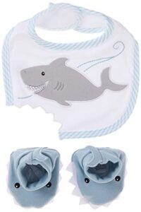 baby aspen bib and booties gift set, chomp and stomp shark, 0-9 month