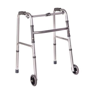 dmi lightweight aluminum folding walker with single release, 5 inch wheels, adjustable height, no assembly needed, silver, 250 lb weight capacity