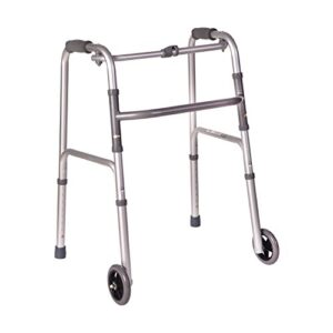 DMI Lightweight Aluminum Folding Walker with Single Release, 5 Inch Wheels, Adjustable Height, No Assembly Needed, Silver, 250 lb Weight Capacity