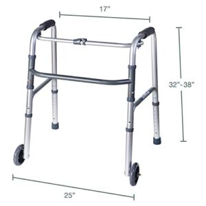 DMI Lightweight Aluminum Folding Walker with Single Release, 5 Inch Wheels, Adjustable Height, No Assembly Needed, Silver, 250 lb Weight Capacity