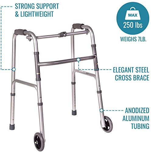 DMI Lightweight Aluminum Folding Walker with Single Release, 5 Inch Wheels, Adjustable Height, No Assembly Needed, Silver, 250 lb Weight Capacity