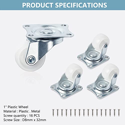 Cofufu 1" Low Profile Caster Wheels Set of 4, No Noise Casters for Furniture with Polyurethane Wheels, Small Rectangle Swivel Caster with 360 Degree Top Plate 22 lbs Weighs Capacity Each Caster