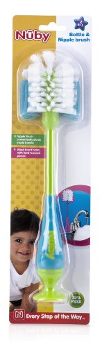 Nuby 2-in-1 Bottle and Nipple Cleaning Brush with Suction Base, Colors May Vary