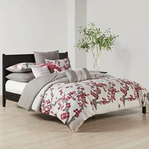 n natori cherry blossom duvet cover queen size - red, grey , cherry blossom duvet cover set – 3 piece – 100% cotton sateen light weight bed comforter covers