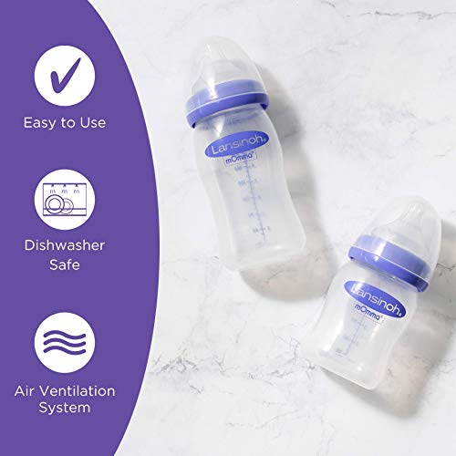 Lansinoh Momma Breastmilk Feeding Bottle with NaturalWave Nipple, 1 Count, 8 Ounce, Medium Flow Nipple, Soft Silicone Nipple, Collapse Resistant, Anti-Colic, BPS and BPA Free