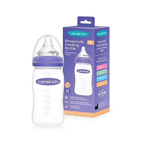 Lansinoh Momma Breastmilk Feeding Bottle with NaturalWave Nipple, 1 Count, 8 Ounce, Medium Flow Nipple, Soft Silicone Nipple, Collapse Resistant, Anti-Colic, BPS and BPA Free