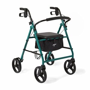 medline standard steel folding rollator walker with 8" wheels, supports up to 350 lbs, green