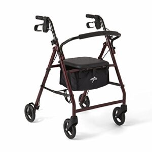 medline steel foldable adult rollator mobility walker with 6” wheels, burgundy