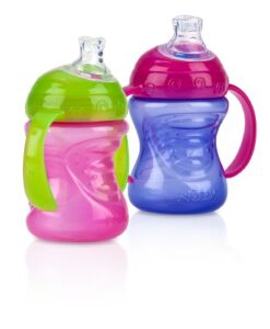 nuby plastic 2-pack two-handle no-spill super spout grip n' sip cups, 8 ounce, pink and purple