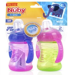 Nuby Plastic 2-Pack Two-Handle No-Spill Super Spout Grip N' Sip Cups, 8 Ounce, Pink and Purple