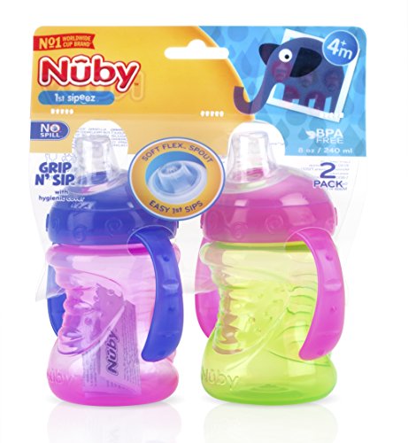 Nuby Plastic 2-Pack Two-Handle No-Spill Super Spout Grip N' Sip Cups, 8 Ounce, Pink and Purple