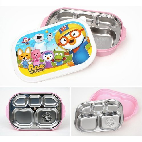 Pororo, Portable Stainless Steel Divided Food Tray, Platter with Lid in Pink, Made in Korea