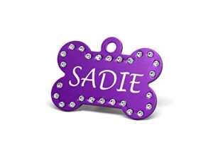 custom engraved pet id tags with swarovski crystal - 1.5" long x 1" tall, anodized aluminum, bone shape, purple