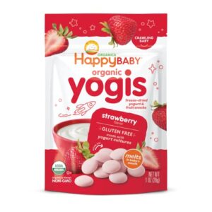 happy baby organic yogis freeze-dried yogurt & fruit snacks strawberry, 1 ounce bag organic gluten-free easy to chew probiotic snacks for babies & toddlers
