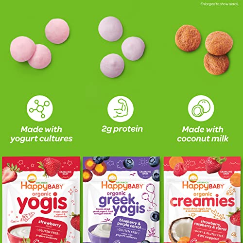 Happy Baby Organic Yogis Freeze-Dried Yogurt & Fruit Snacks Strawberry, 1 Ounce Bag Organic Gluten-Free Easy to Chew Probiotic Snacks for Babies & Toddlers