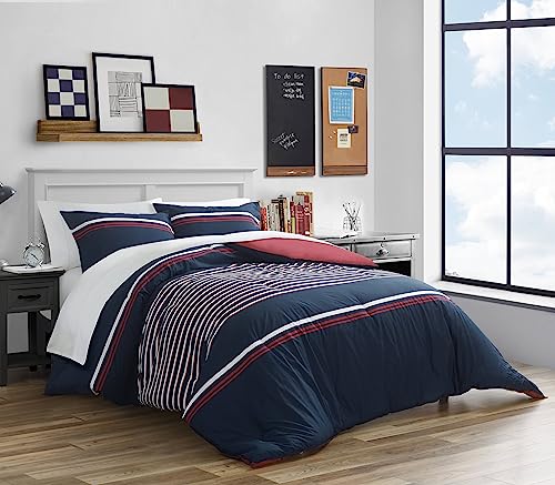 Nautica Duvet Cover Set Cotton Reversible Bedding with Matching Shams, Medium Weight for All Seasons, Queen, Mineola Red/White/Navy