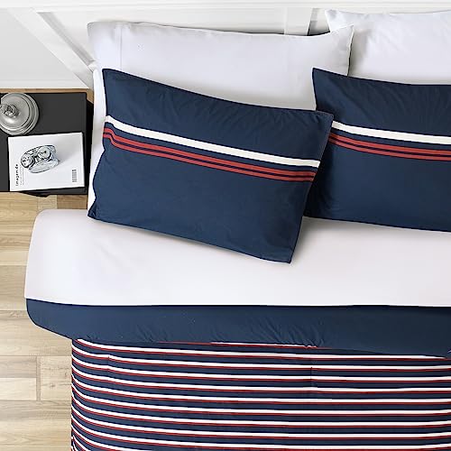 Nautica Duvet Cover Set Cotton Reversible Bedding with Matching Shams, Medium Weight for All Seasons, Queen, Mineola Red/White/Navy