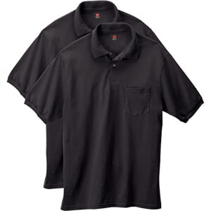 hanes men's short-sleeve jersey pocket polo (pack of 2), black, medium