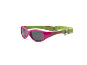 real shades unbreakable kids sunglasses - 100% uv protection and shatterproof lens with adjustable strap for boys and girls, cherry pink/lime green, baby 0+