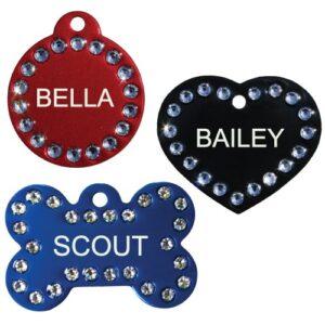 gotags swarovski crystal pet id tags, personalized, custom engraved bling in bone, round, and heart shapes