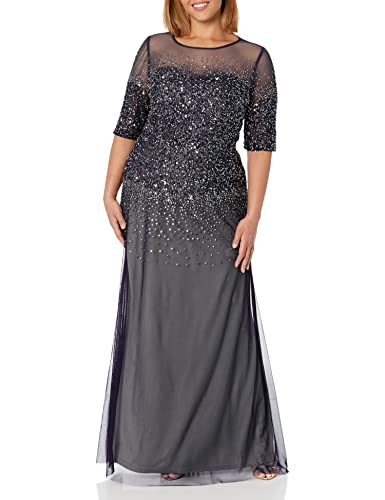 Adrianna Papell Women's Plus-Size 3/4 Sleeve Beaded Illusion Gown with Sweetheart Neckline, Navy, 14