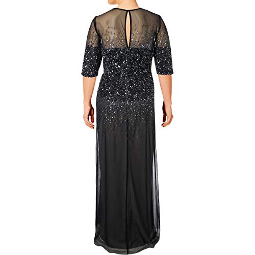 Adrianna Papell Women's Plus-Size 3/4 Sleeve Beaded Illusion Gown with Sweetheart Neckline, Navy, 14