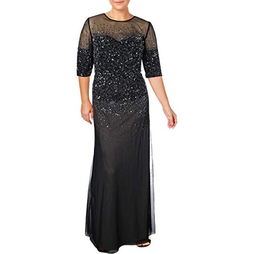 Adrianna Papell Women's Plus-Size 3/4 Sleeve Beaded Illusion Gown with Sweetheart Neckline, Navy, 14