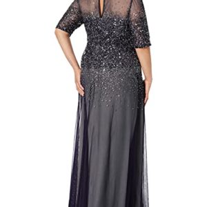 Adrianna Papell Women's Plus-Size 3/4 Sleeve Beaded Illusion Gown with Sweetheart Neckline, Navy, 14