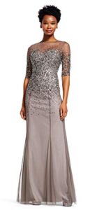 adrianna papell women's 3/4 sleeve beaded illusion gown with sweetheart neckline, lead, 14