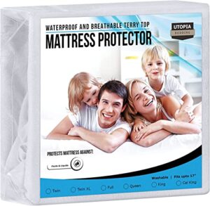 utopia bedding premium waterproof terry mattress protector queen 200 gsm, mattress cover, breathable, fitted style with stretchable pockets (white)