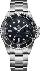 fanmis mens luxury watches rotatable bezel sapphire glass luminous hand quartz silver tone stainless steel watch (black)